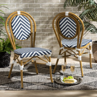 Baxton Studio WA-4094V-White/Blue-DC Alaire Classic French Indoor and Outdoor Blue and White Bamboo Style Stackable 2-Piece Bistro Dining Chair Sett